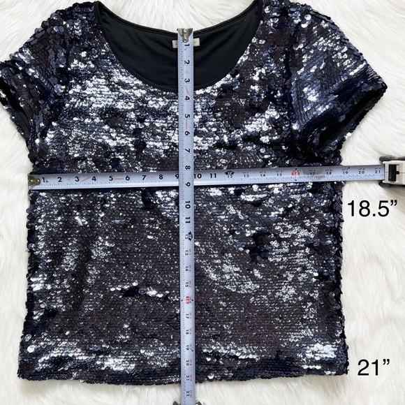 SOLD-Anthropologie Blue Jewel Tone Sequin Short Sleeve Blouse Tee - Picture 11 of 11